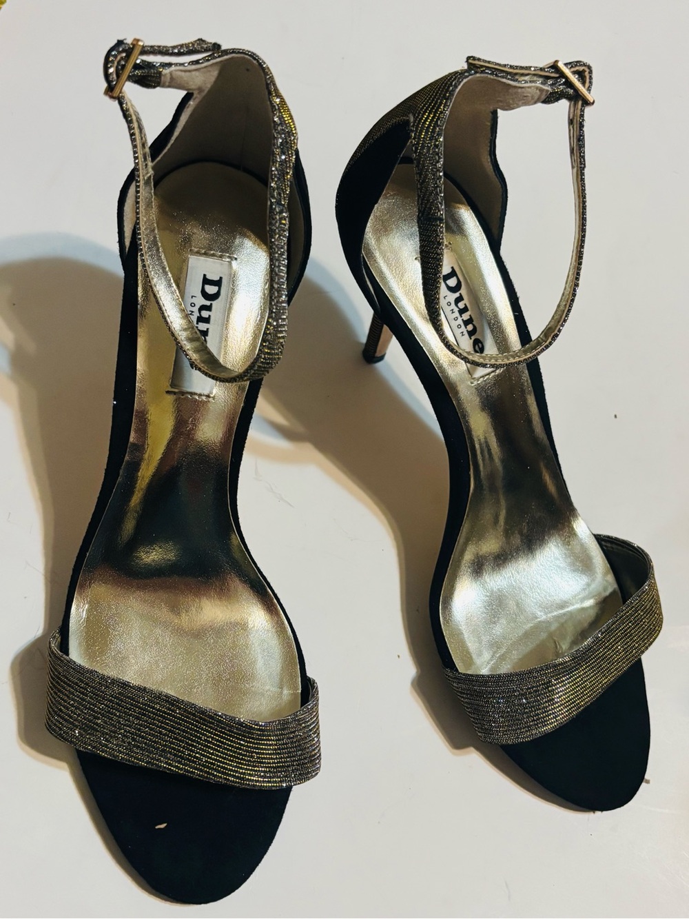 Dune London Black and Gold Ankle-Strap Stiletto Heels